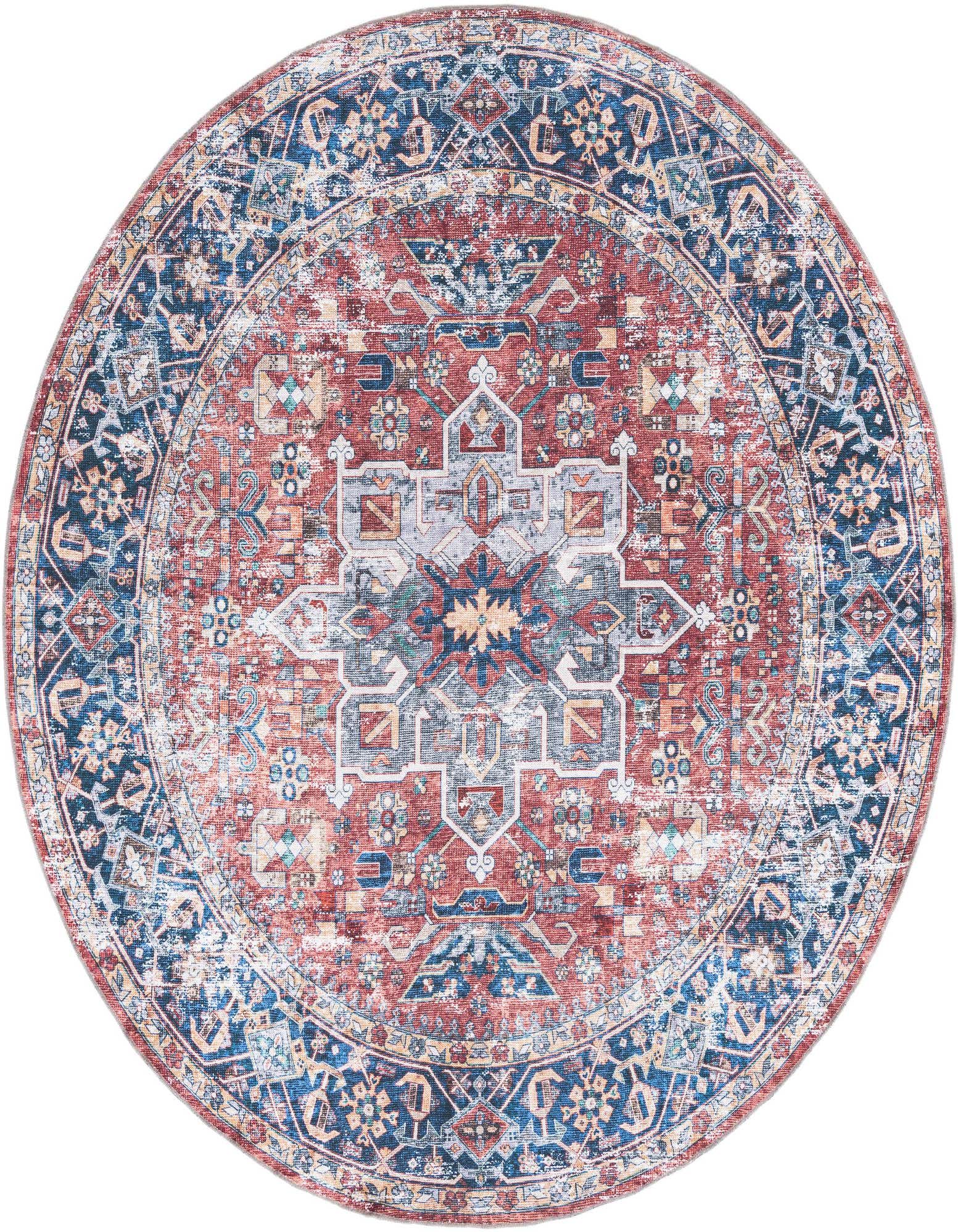 A 7' 10 round orange and red bohemian medallion rug with blue and cream accents, featuring a distressed vintage look.