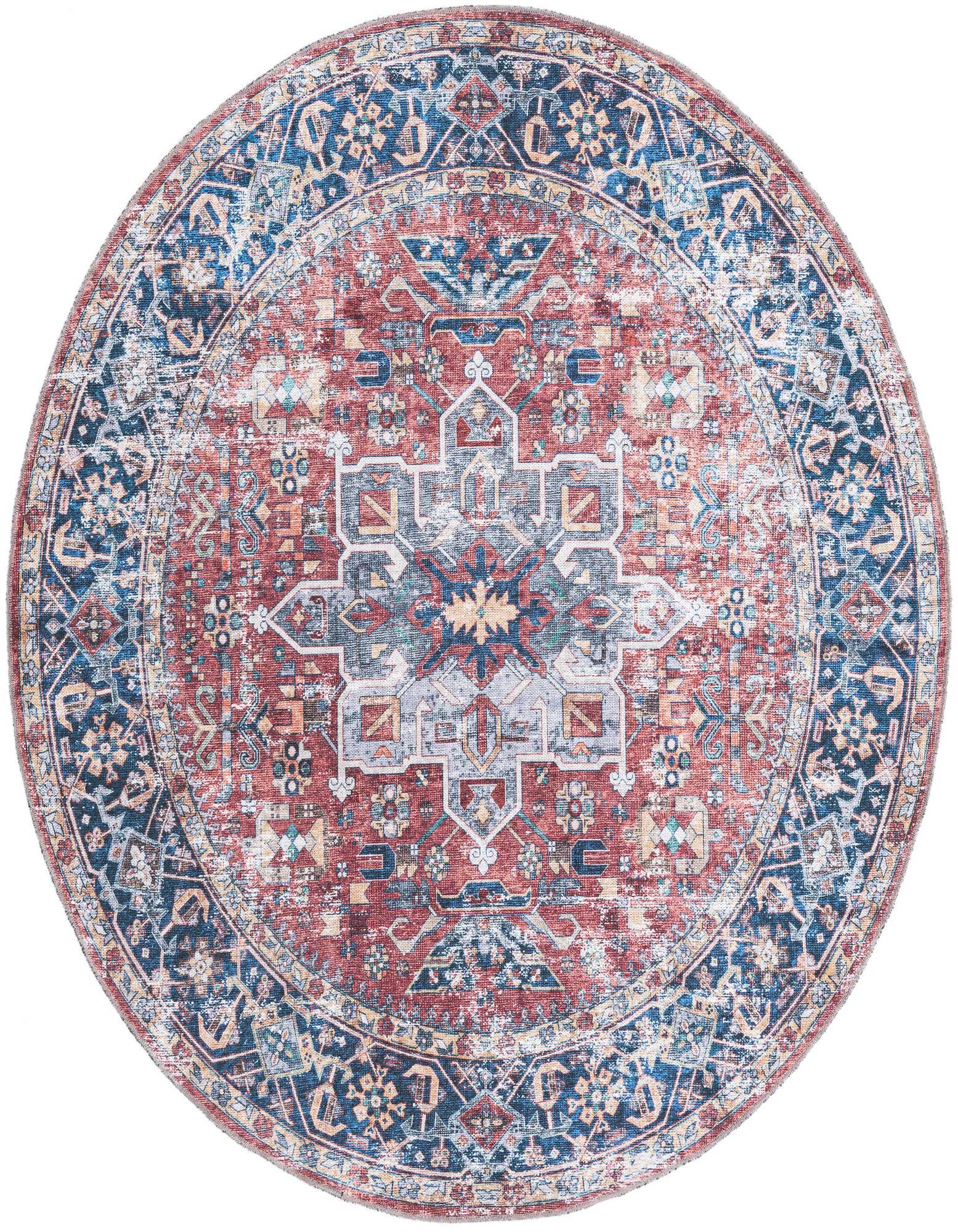 A 6' round Yara rug by Rugs.com, featuring a distressed medallion pattern in oranges, reds, and blues, suitable for indoor use.