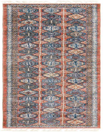 A 13 ft runner rug featuring a modern stripe pattern in shades of orange, red, and blue with white fringe.