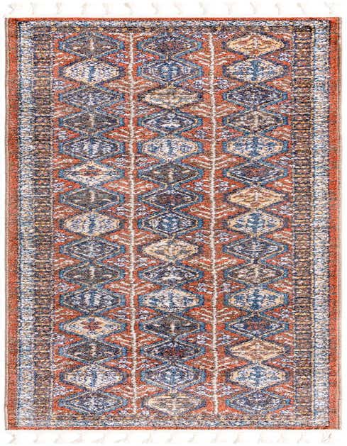 A 10 ft runner rug with a modern stripe pattern in shades of orange, red, blue, and brown, featuring white tassels.