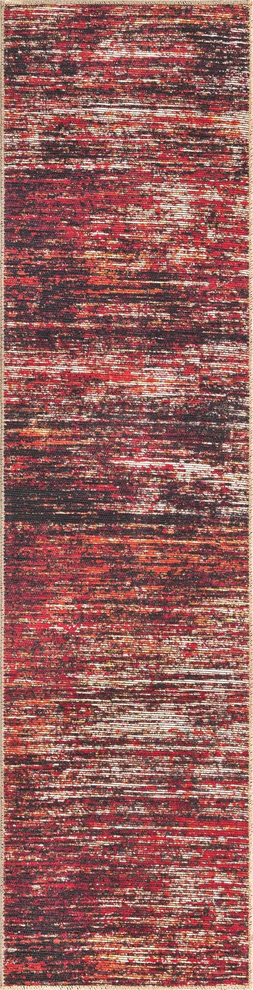 A vibrant 8 ft runner rug from the Asha collection, featuring a modern stripe pattern in oranges and reds, perfect for a hallway.