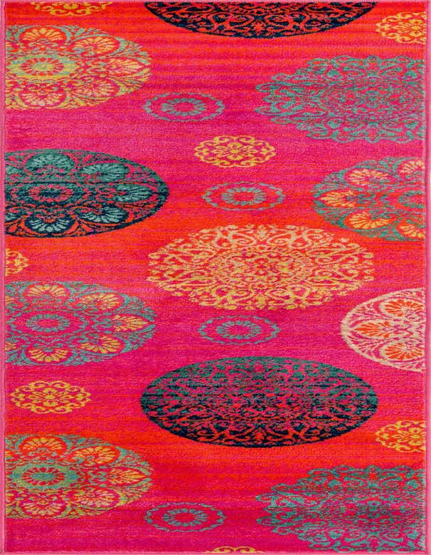 A vibrant 10 ft runner rug with a bright orange and red background, featuring large and small floral medallion patterns in teal, yellow, and navy blue.