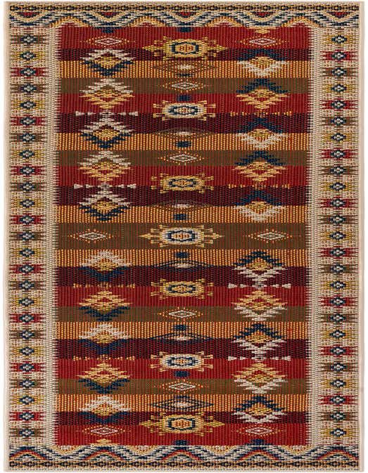 A 10 ft runner rug featuring a vibrant traditional pattern in oranges, reds, and blues, ideal for a hallway or patio.
