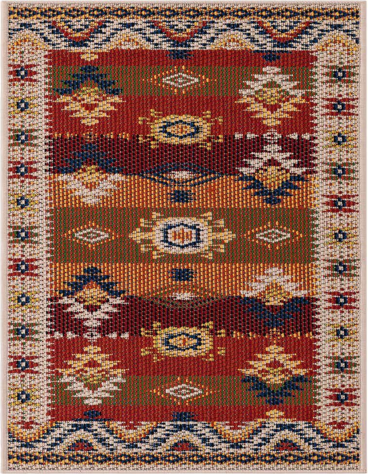 A 5 ft runner rug featuring a vibrant traditional pattern in oranges, reds, blues, and creams, ideal for a hallway or patio.