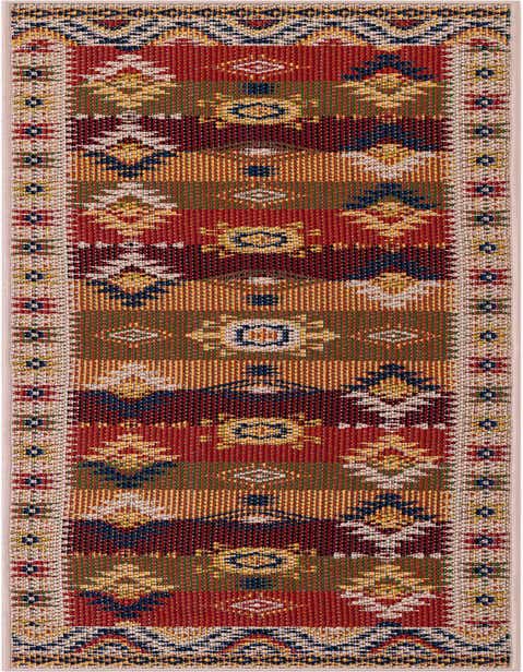A vibrant 8 ft runner rug featuring a traditional, modern, and oriental pattern in oranges, reds, blues, and yellows, ideal for a hallway or patio.