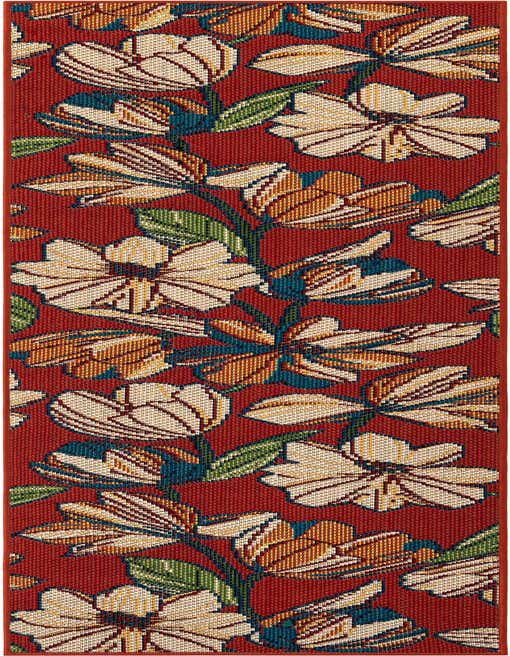 A 10 ft runner rug featuring a modern floral pattern with large cream, orange, and teal flowers on a deep red background.