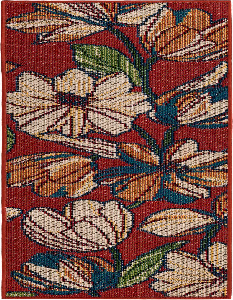A 5 ft runner rug with a vibrant floral pattern on a red background, featuring large orange, cream, and teal flowers with green leaves.