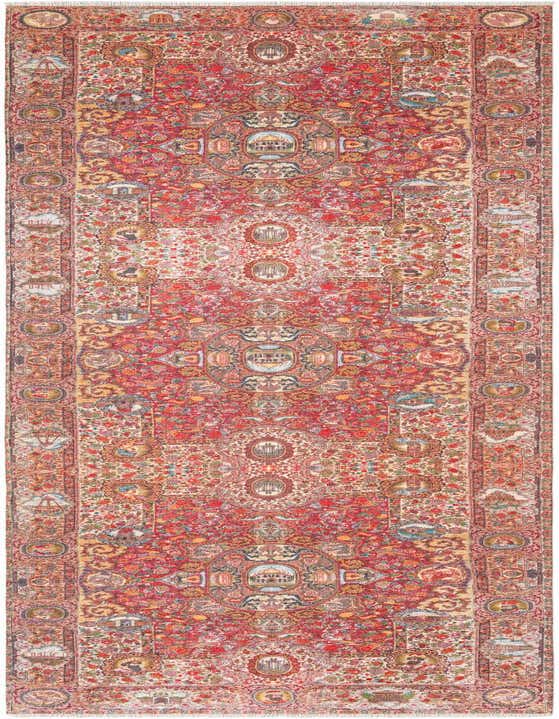 A long 12 ft runner rug in traditional style, featuring intricate medallion patterns in shades of orange and red with a cream background, ideal for a hallway.