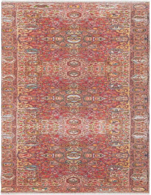 A long 8 ft runner rug with a vibrant traditional medallion pattern in oranges, reds, and multi-colors, perfect for a hallway.