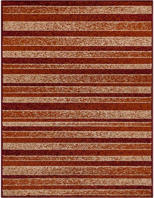 A 10 ft runner rug featuring modern horizontal stripes in varying shades of orange, red, and cream, ideal for a hallway.