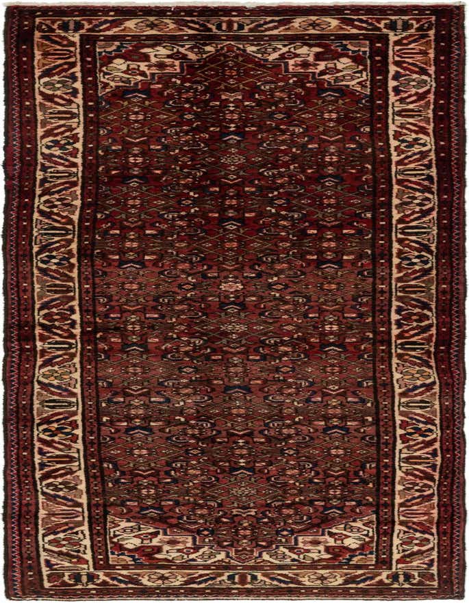 A 10 ft runner rug with a deep red field and intricate traditional Persian patterns in oranges, reds, and creams, ideal for a hallway.