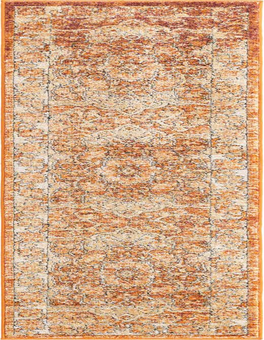 An 8 ft runner rug from the Isabella collection, featuring a distressed traditional medallion pattern in shades of orange and red, ideal for a hallway.