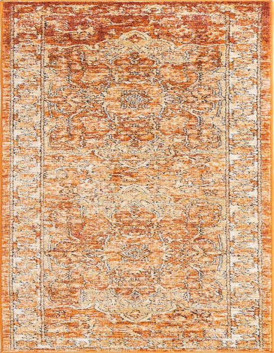 A 10 ft runner rug in shades of orange and red with a distressed traditional medallion pattern, ideal for a hallway.