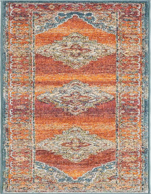 An 8 ft runner rug in traditional vintage medallion pattern featuring shades of orange, red, and blue, ideal for a hallway.