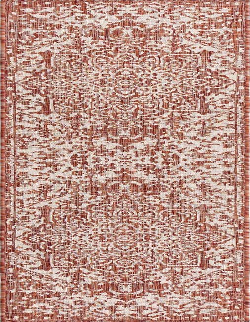 An 8 ft runner rug with a distressed medallion and floral pattern in shades of orange and red, suitable for a hallway or patio.