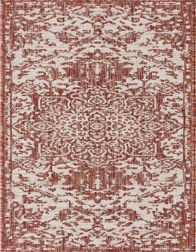 A 6 ft runner rug with a distressed Mediterranean medallion pattern in shades of orange and red, suitable for a hallway or patio.