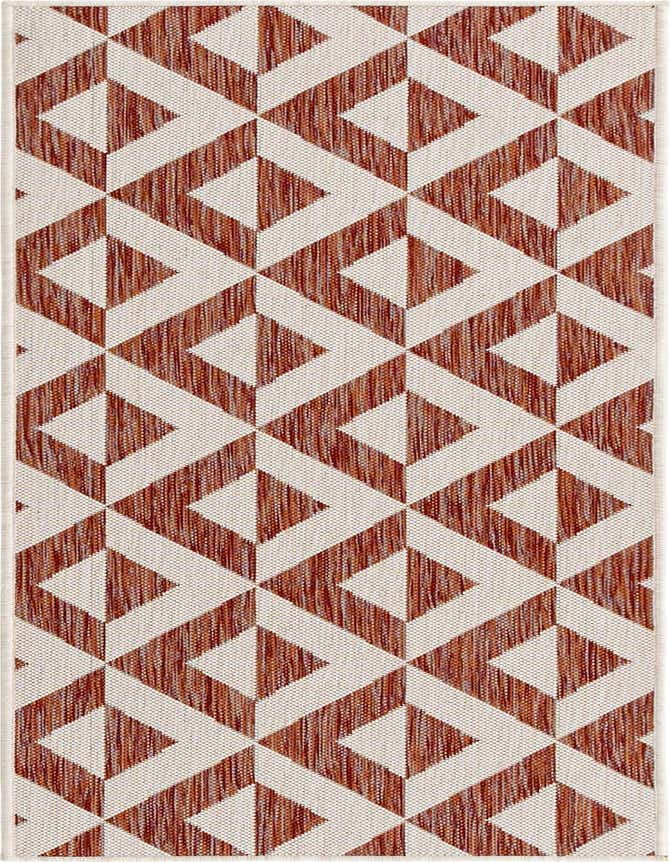 A 6 ft runner rug with a modern geometric trellis pattern in shades of orange and red against a cream background, suitable for a hallway or patio.