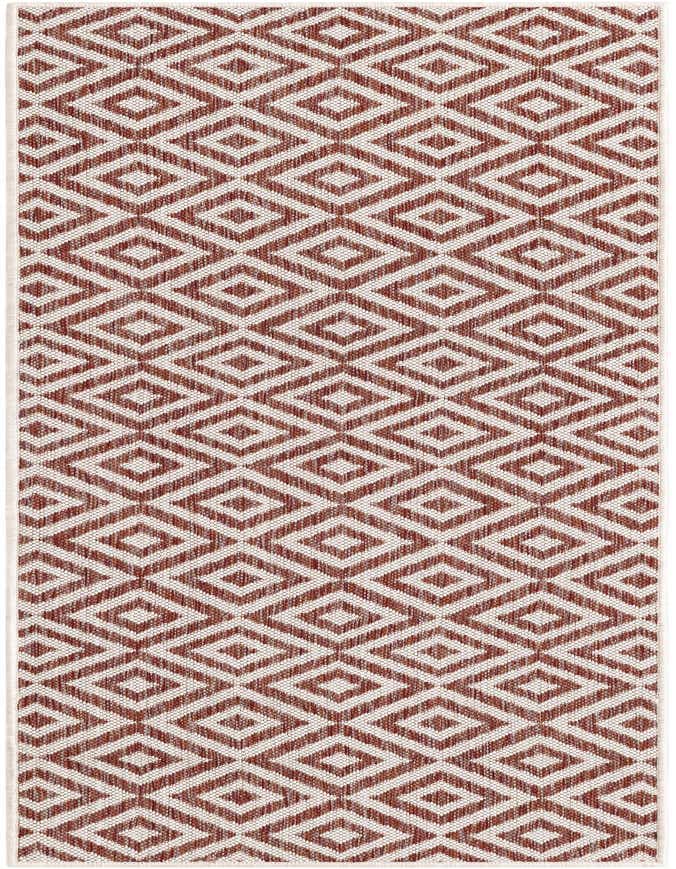 A 6 ft runner rug featuring a modern trellis pattern in oranges and reds, ideal for a hallway or patio.