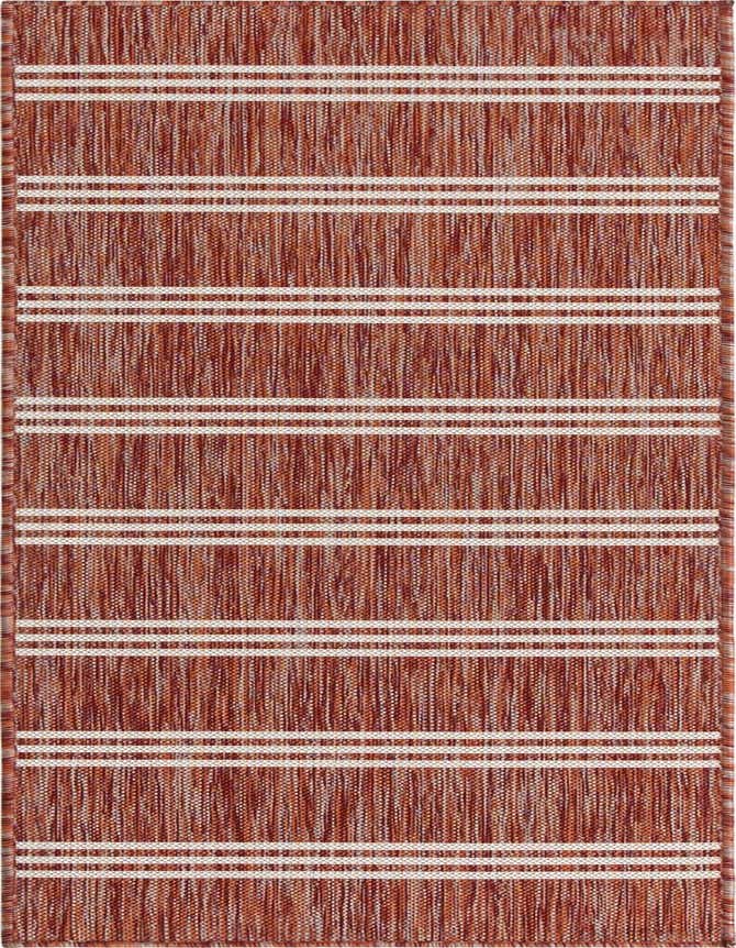 A 6 ft runner rug in shades of orange and red with horizontal white stripes, featuring a textured flatweave.