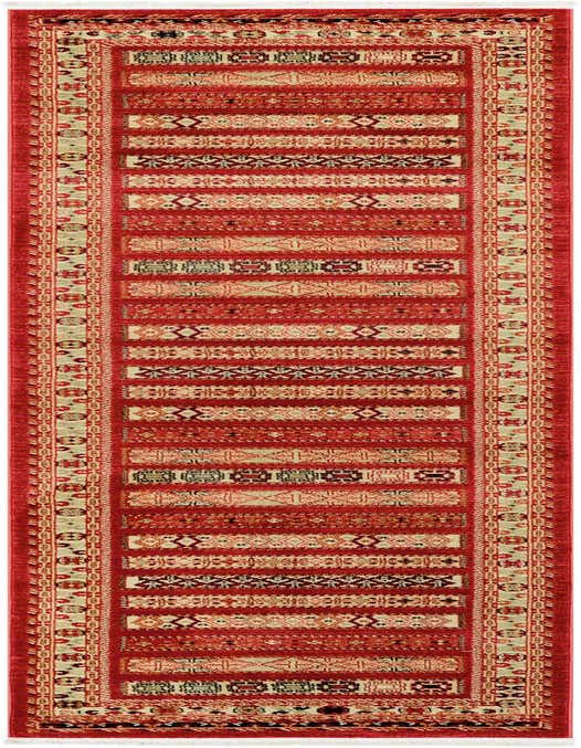 A 10 ft runner rug in shades of orange and red with a tribal stripe pattern and decorative borders, ideal for a hallway.