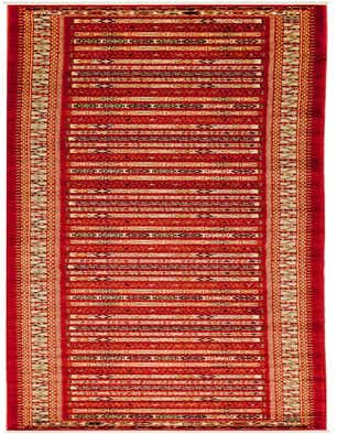A long, red 20 ft runner rug with tribal stripes and vintage patterns in oranges and creams, perfect for a hallway.