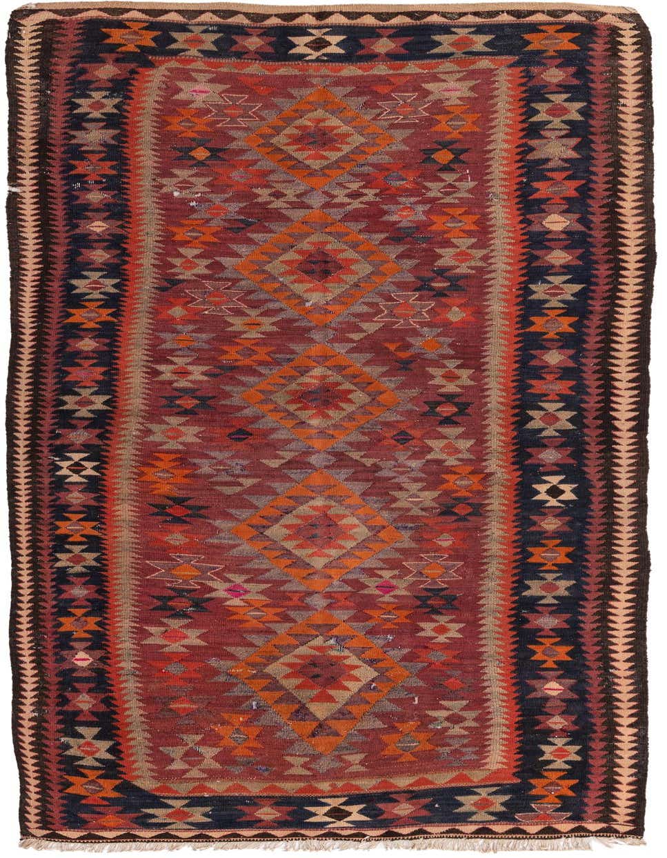 A 9 ft runner rug with a flatweave texture, featuring a vibrant Southwestern-inspired geometric pattern in oranges, reds, and dark blue, ideal for a hallway.