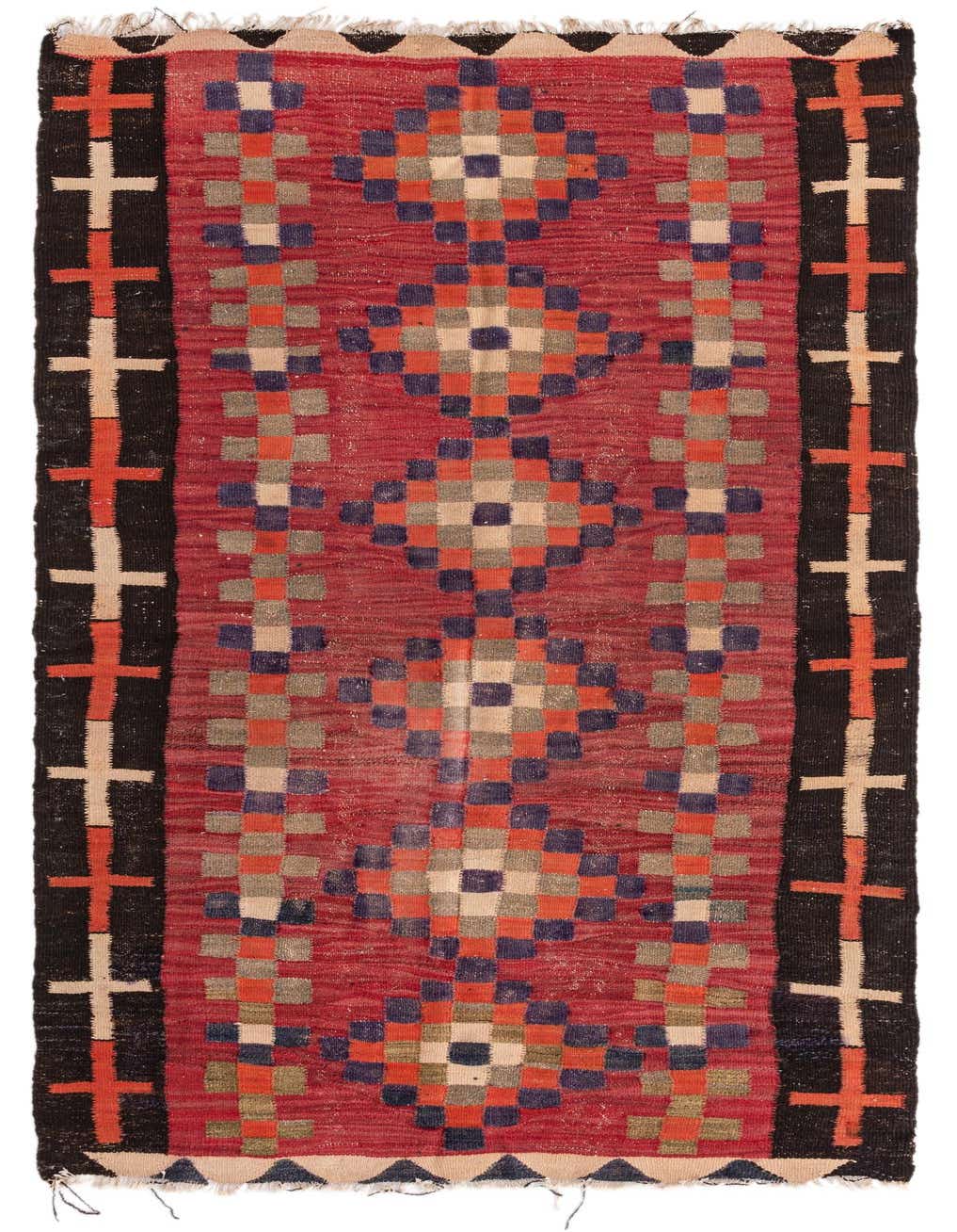 A 9 ft runner rug with a flatweave, featuring a rich red field with geometric patterns in orange, blue, and beige, flanked by black borders with orange and beige cross motifs.