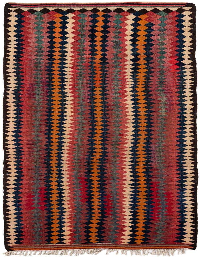 A 10 Ft Kilim Fars runner rug with a vibrant tribal geometric pattern in oranges, reds, blues, and creams, suitable for a hallway.