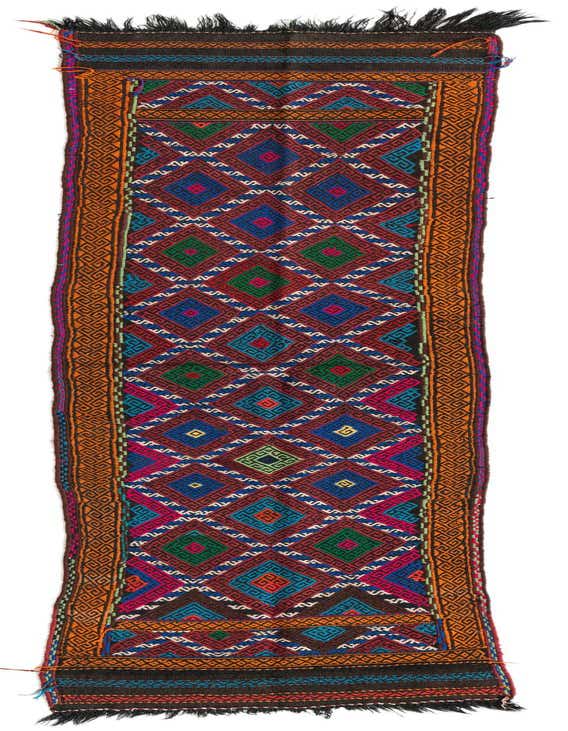 A vibrant 8 ft runner rug from the Kilim Fars collection, featuring a tribal geometric pattern in oranges, reds, blues, and greens, with fringed ends, perfect for a hallway or kitchen.