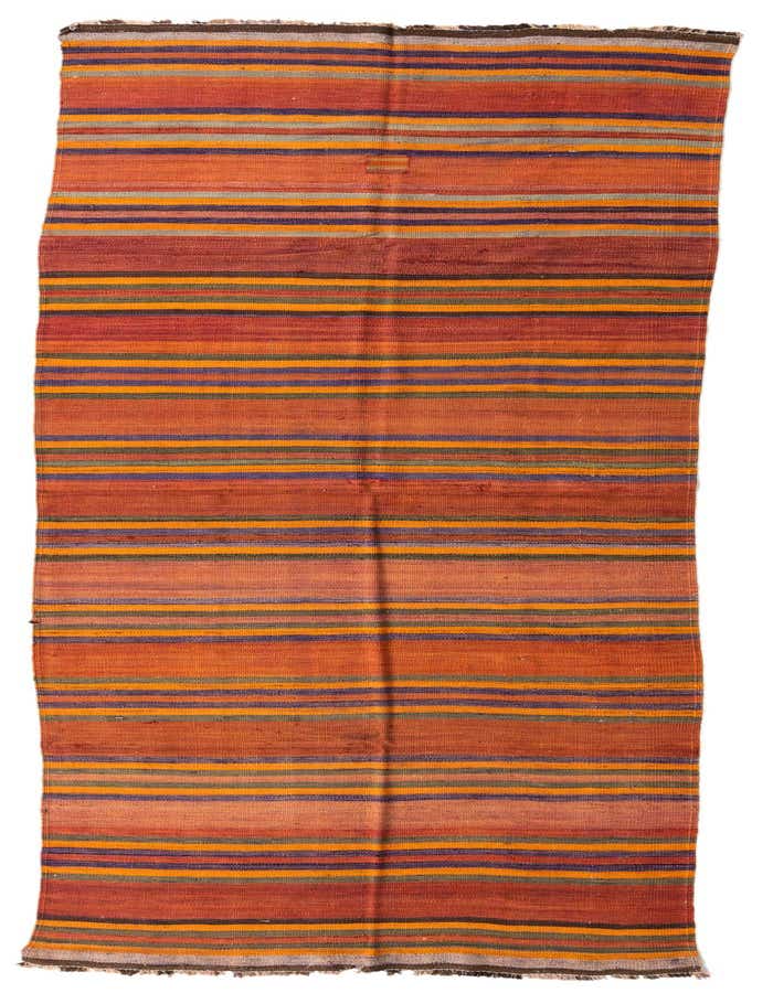 A 15 ft Kilim Fars runner rug with horizontal stripes in various shades of orange, red, purple, and olive green.