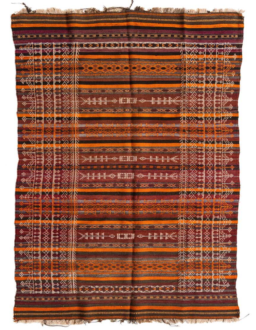 A handmade 11 ft Kilim Fars runner rug with tribal stripes in oranges, reds, and browns, ideal for a hallway.