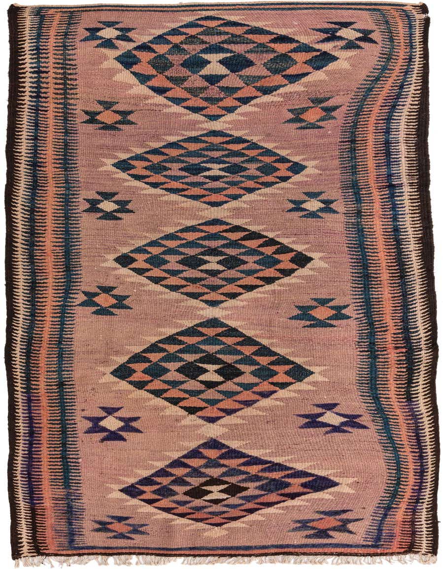 A 10 ft runner rug with a flatweave, featuring a Persian tribal pattern in shades of orange, red, blue, and cream.