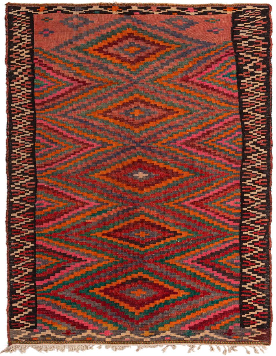 A 10 Ft Kilim Fars runner rug with a vibrant tribal diamond pattern in oranges, reds, pinks, and greens, perfect for a hallway.