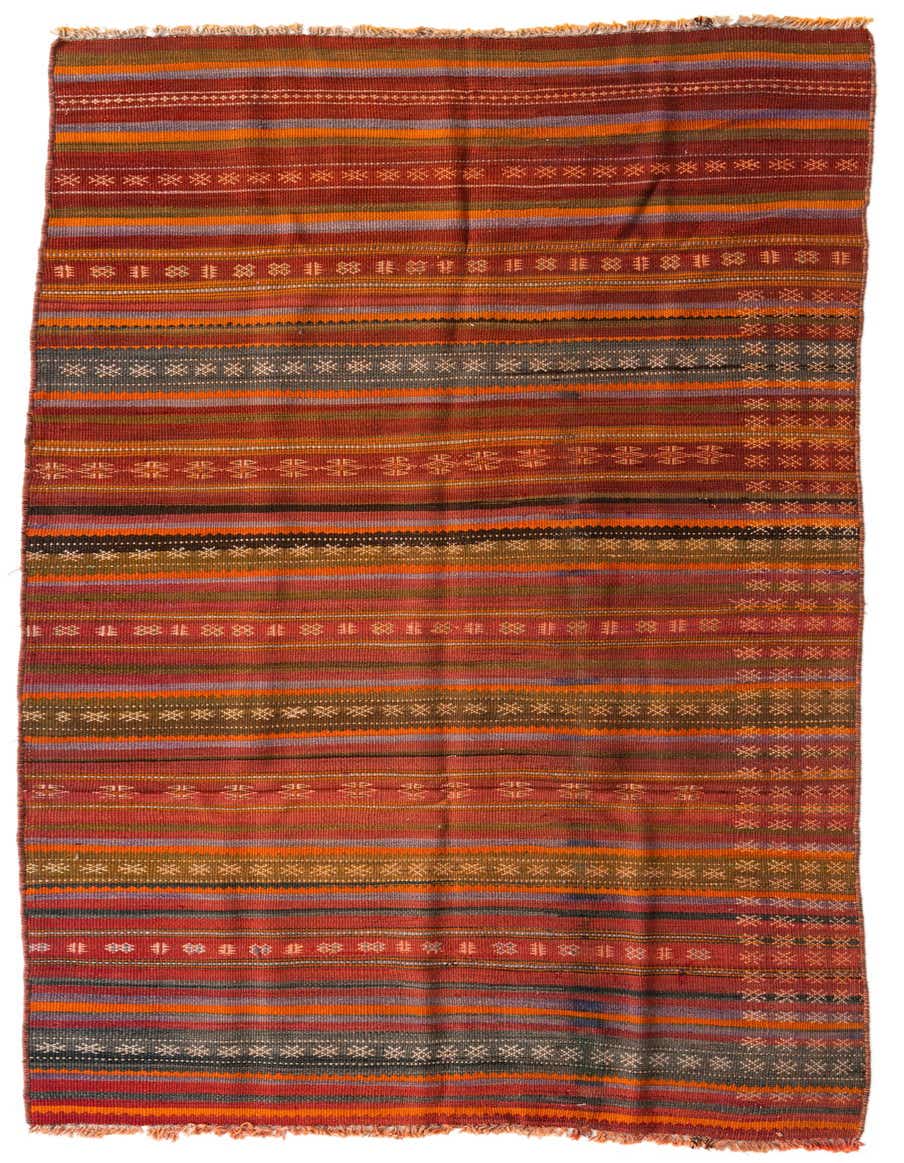 A 9 ft Kilim Modern runner rug in oranges and reds, featuring a flatweave tribal pattern with fringe.