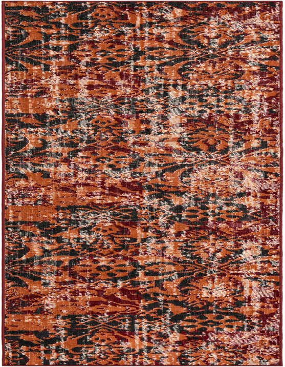 A 10 ft runner rug featuring a distressed Bohemian floral pattern in shades of orange, red, and black.