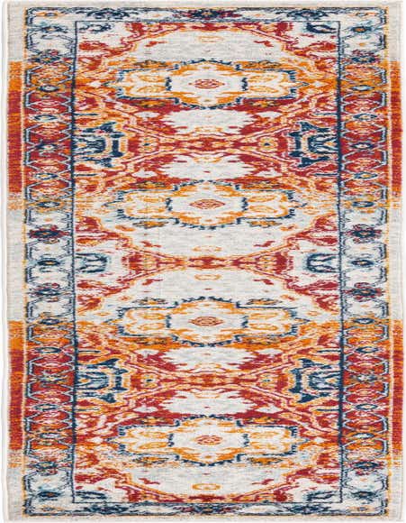 A 10 ft runner rug with a distressed traditional medallion pattern in vibrant oranges, reds, and blues on a light gray background, perfect for a hallway.