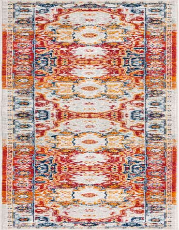 A 16 ft runner rug featuring a distressed traditional medallion pattern in vibrant oranges, reds, and blues on a light gray background, ideal for a hallway.