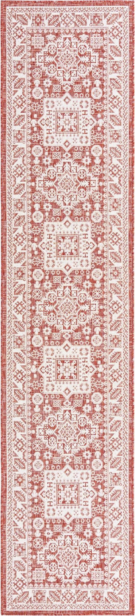 A 12 ft runner rug in a Southwestern tribal pattern with terracotta orange and off-white colors, suitable for a hallway or patio.