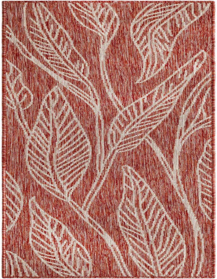 A 6 ft runner rug with a vibrant orange-red background and a modern botanical pattern of white abstract leaves, suitable for indoor or outdoor use.