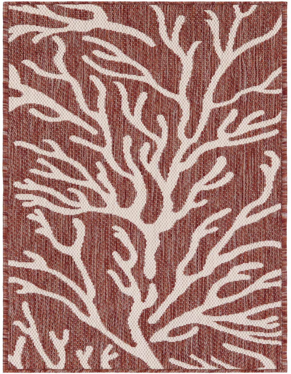 A 4 ft runner rug featuring a modern coral pattern in off-white against a textured orange and red background, suitable for a hallway or patio.