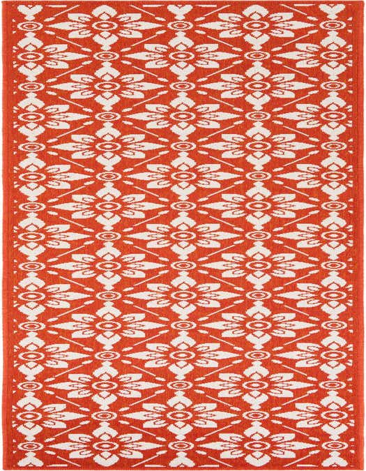 A 10 ft runner rug featuring a repeating modern floral pattern in vibrant orange and off-white, suitable for a hallway or patio.
