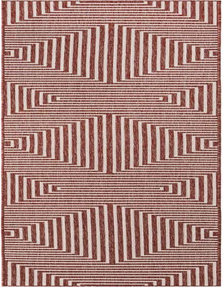 A 12 ft runner rug with a modern abstract geometric pattern in alternating terracotta orange and off-white stripes.