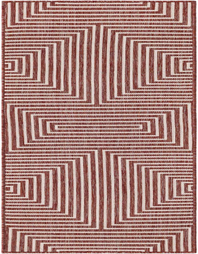 A 6 ft runner rug featuring a modern abstract geometric pattern in alternating terracotta orange and off-white stripes.