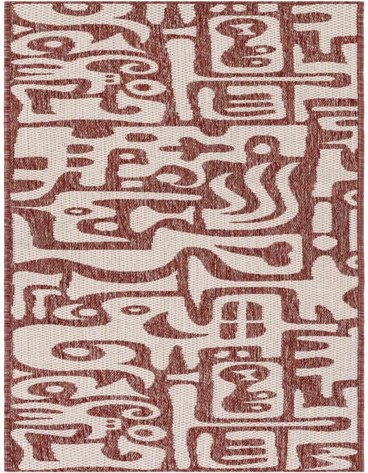 A 4 ft runner rug from the Outdoor Modern collection, featuring an abstract pattern in varying shades of orange and red.