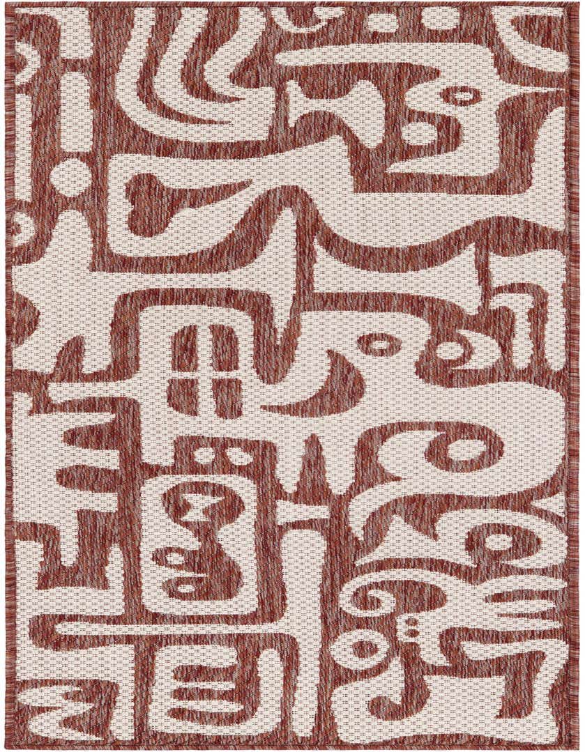 A 5 ft runner rug with a modern abstract pattern in terracotta orange and off-white, suitable for hallways or patios.