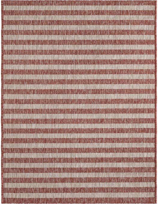 A 10 ft runner rug featuring alternating wide stripes of textured terracotta orange and light beige, suitable for a hallway or patio.