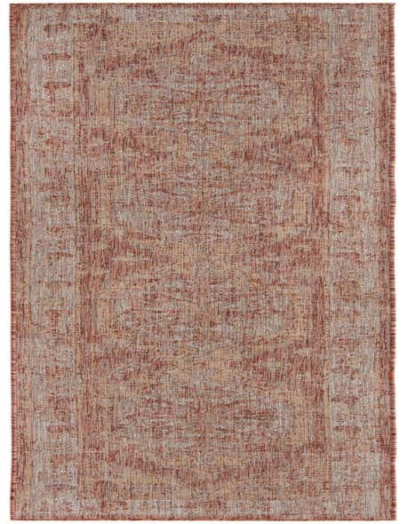 A 12 ft runner rug featuring a faded Southwestern and Traditional pattern in shades of orange and red, suitable for a hallway or patio.