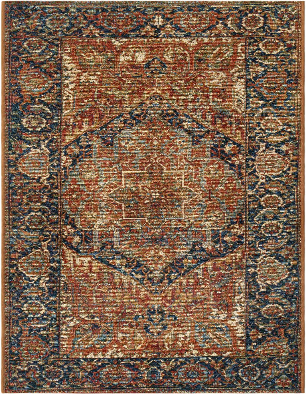 A 5 ft runner rug with a traditional medallion pattern in shades of orange, red, and navy blue, suitable for a hallway or patio.