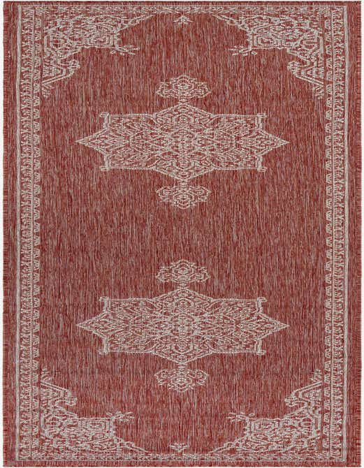 A 10 ft runner rug in a rich orange-red hue with a white traditional medallion and border pattern, suitable for a hallway or patio.