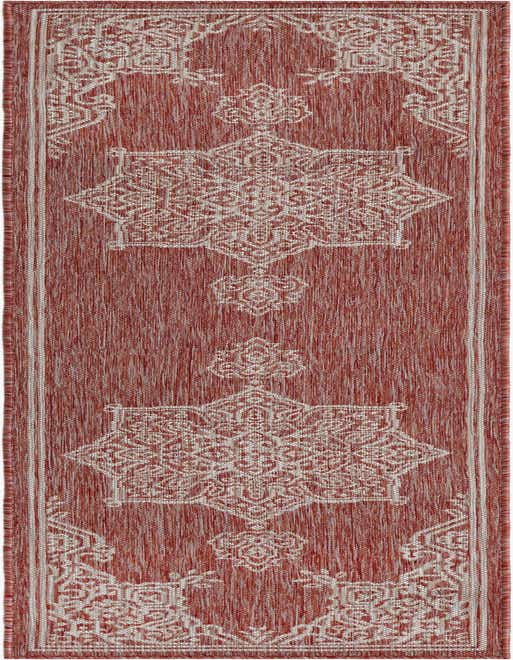 An 8 ft runner rug in shades of red and orange with a white traditional medallion and border pattern, suitable for a hallway or patio.